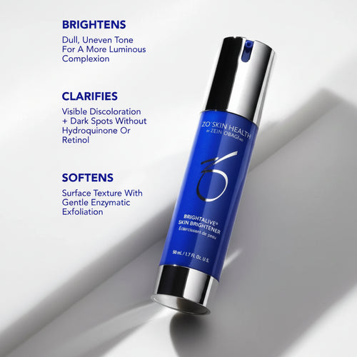 Blue skincare serum bottle with text on a light gray background