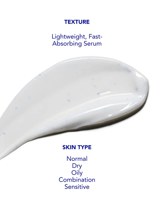 White serum on a white background with text about texture and skin type compatibility.