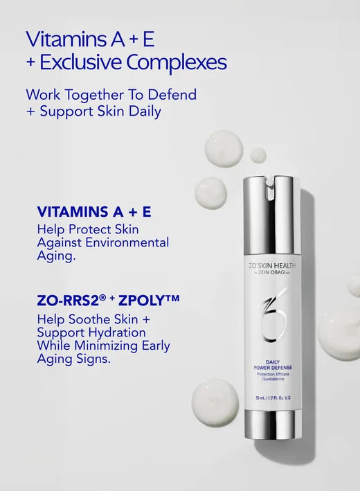 ZO Skin Health Daily Power Defense serum with text about vitamins A, E, and exclusive complexes on a light gray background.
