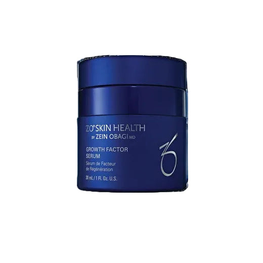 Blue jar of ZO Skin Health Growth Factor Serum on a white background