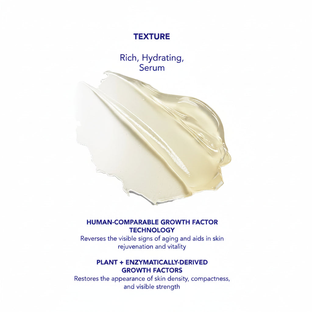 Skincare serum texture with descriptive text on a white background