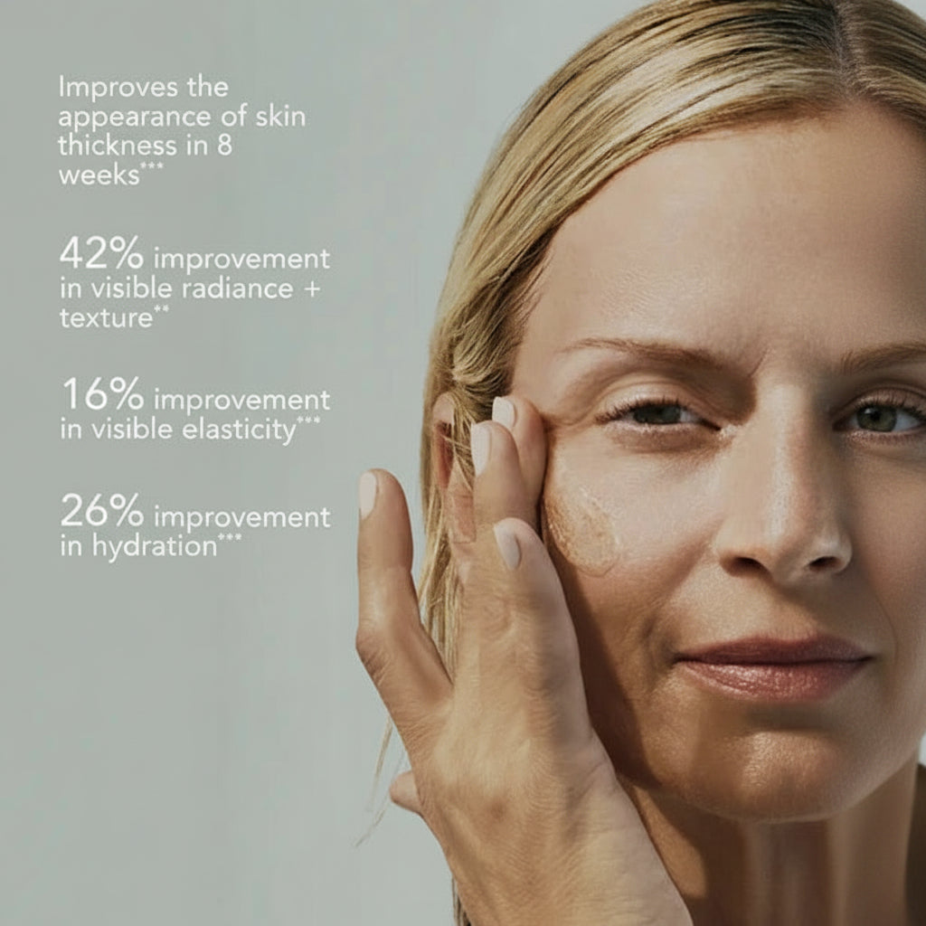 Advertisement for skin care product showing a woman's face with text highlighting skincare benefits.